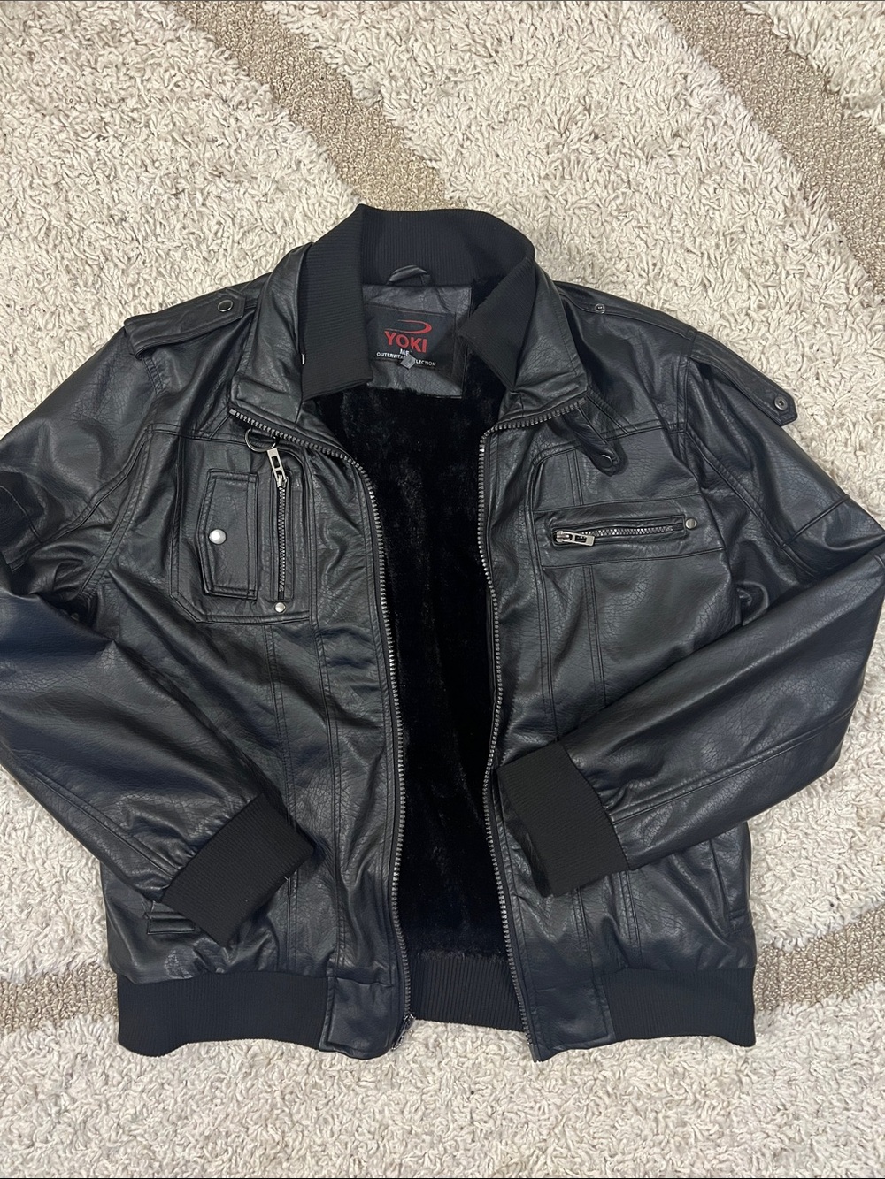 Yoki Black Faux Leather Bomber Jacket with Faux Fur Interior